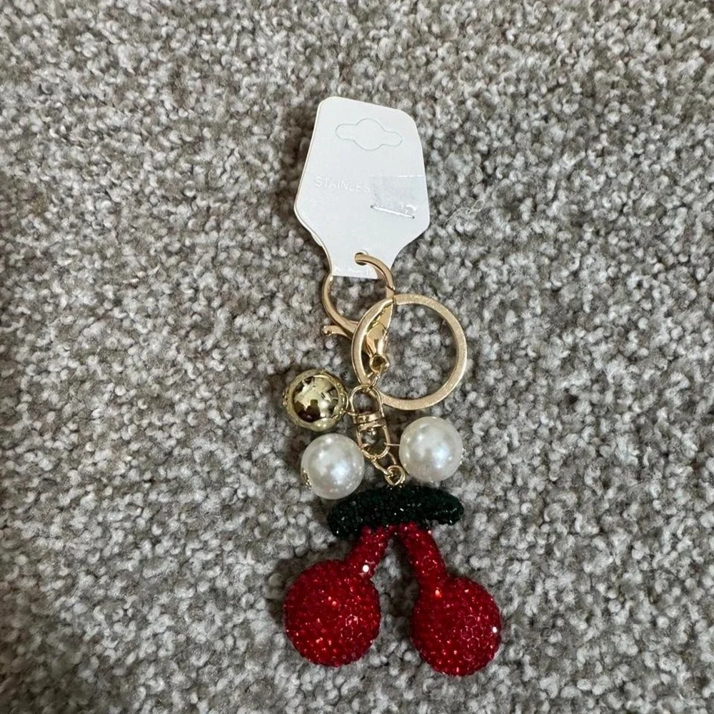 Cherry Keychain or Charm with Pearl & Bell Details